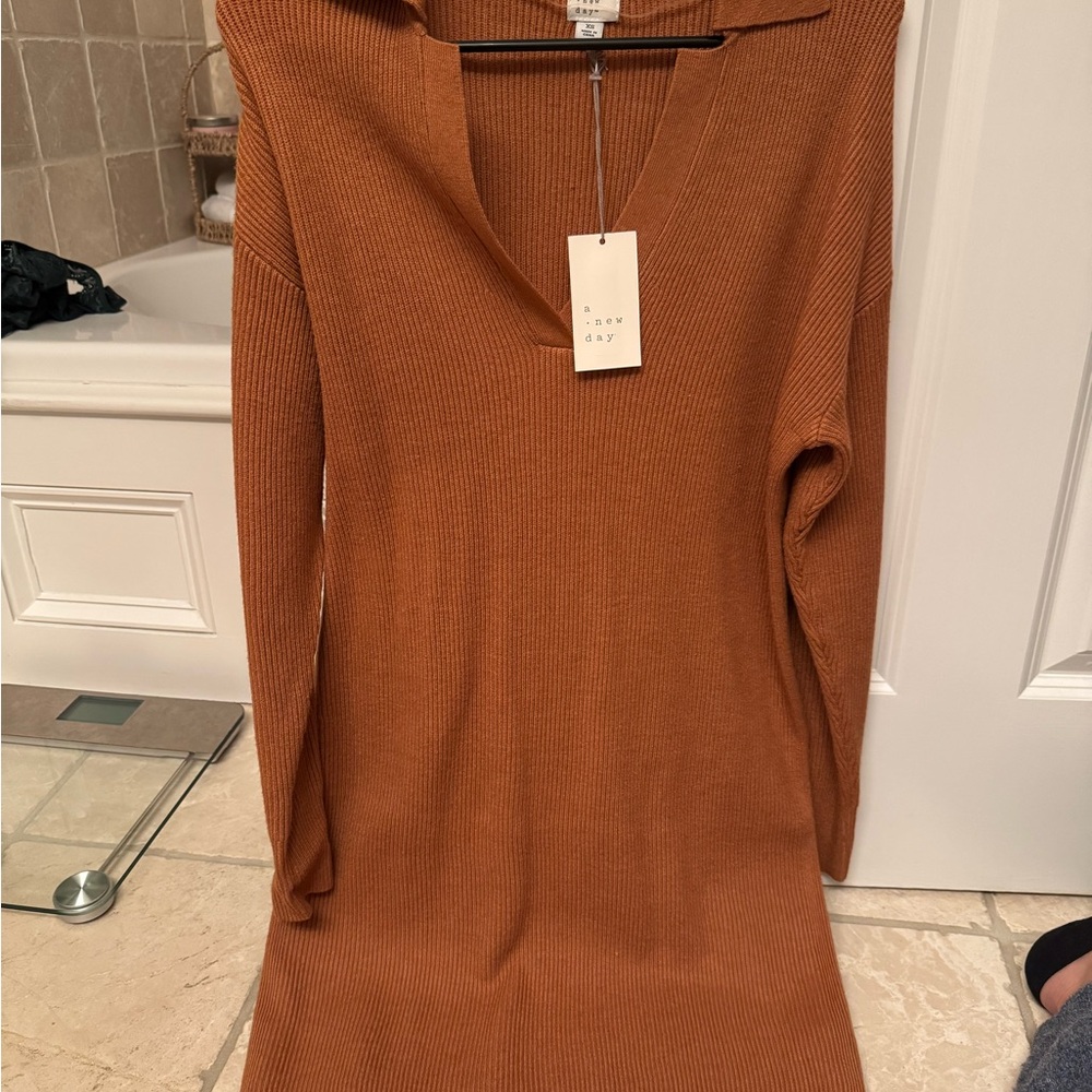 Rust Orange Ribbed Knit Sweater Dress